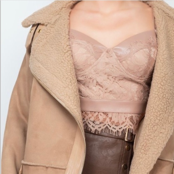 TAUPE BROWN FAUX FUR SUEDE MOTO JACKET BIKER COAT - Picture 4 of 14